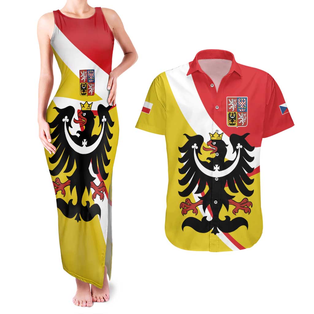 Personalized Coat of Arms of Silesia Couples Matching Tank Maxi Dress and Hawaiian Shirt Black Eagle with Silver Crescent