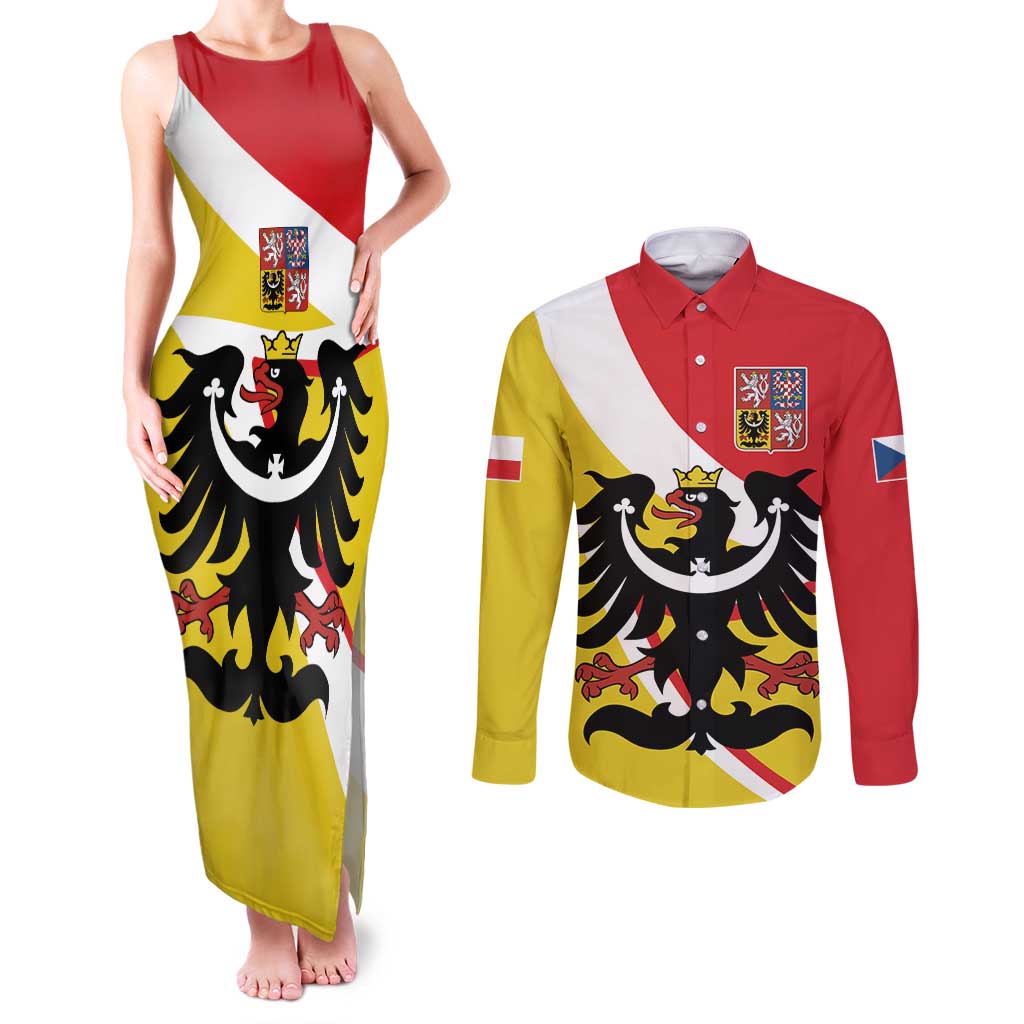 Personalized Coat of Arms of Silesia Couples Matching Tank Maxi Dress and Long Sleeve Button Shirt Black Eagle with Silver Crescent