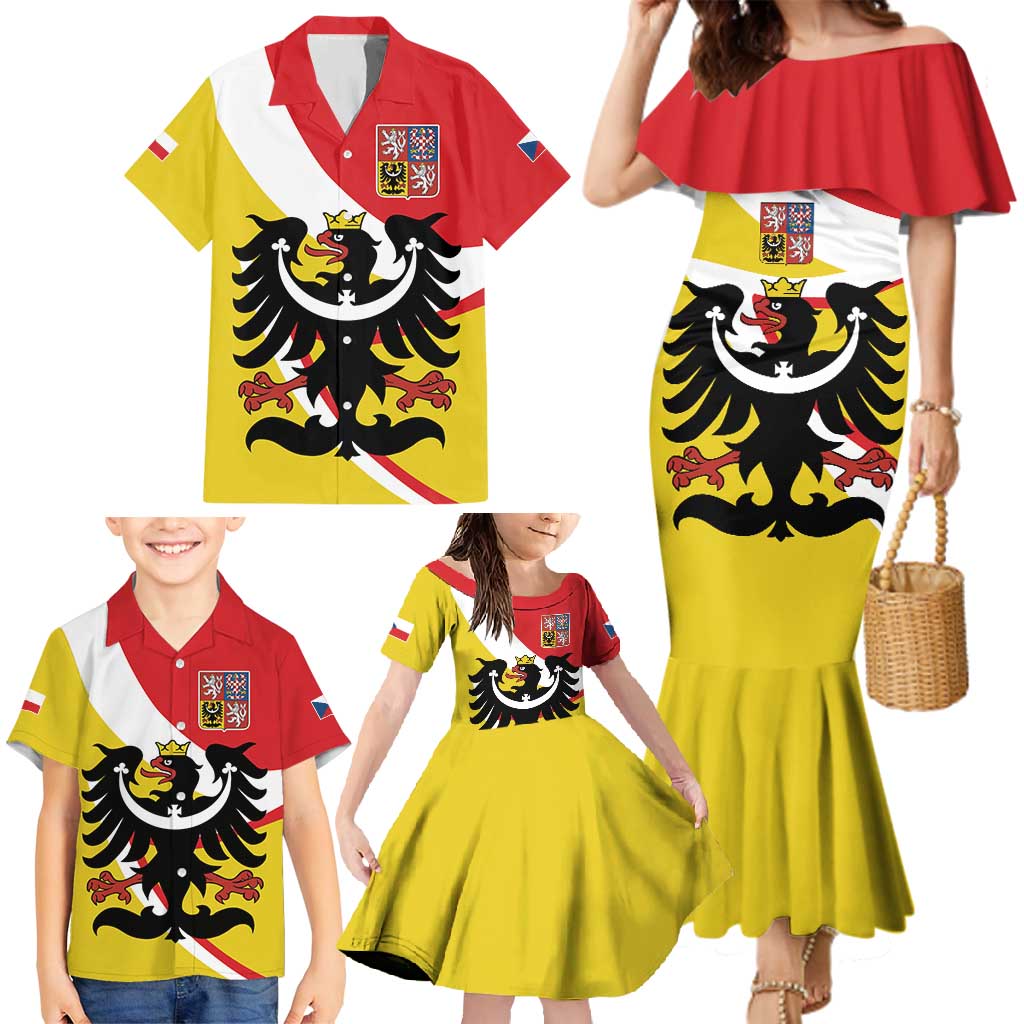 Personalized Coat of Arms of Silesia Family Matching Mermaid Dress and Hawaiian Shirt Black Eagle with Silver Crescent