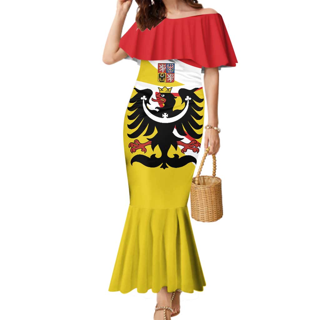 Personalized Coat of Arms of Silesia Family Matching Mermaid Dress and Hawaiian Shirt Black Eagle with Silver Crescent