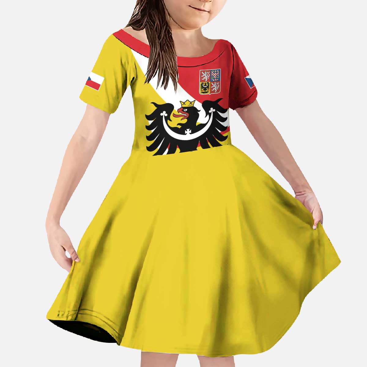 Personalized Coat of Arms of Silesia Family Matching Off The Shoulder Long Sleeve Dress and Hawaiian Shirt Black Eagle with Silver Crescent