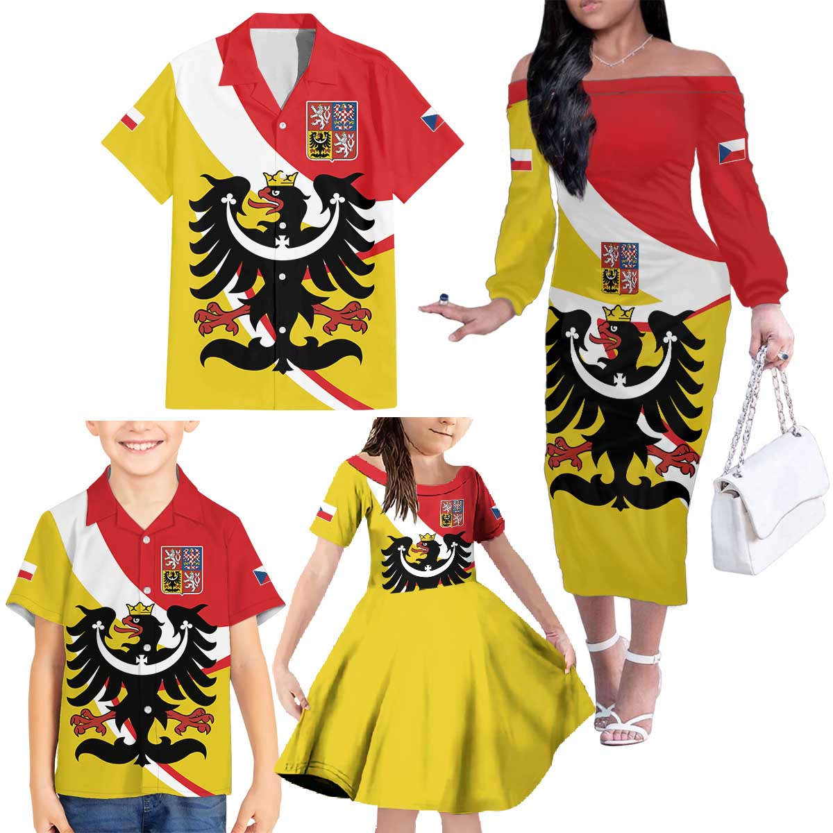 Personalized Coat of Arms of Silesia Family Matching Off The Shoulder Long Sleeve Dress and Hawaiian Shirt Black Eagle with Silver Crescent