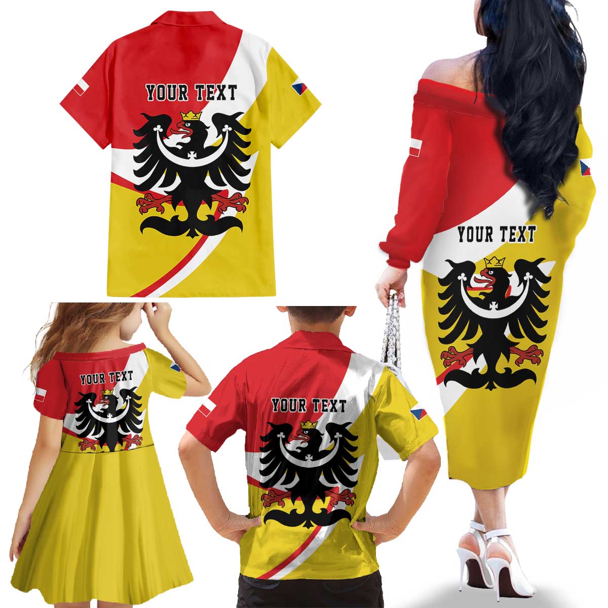 Personalized Coat of Arms of Silesia Family Matching Off The Shoulder Long Sleeve Dress and Hawaiian Shirt Black Eagle with Silver Crescent