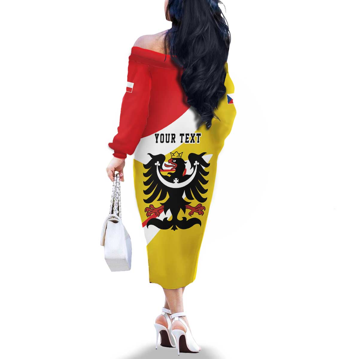 Personalized Coat of Arms of Silesia Family Matching Off The Shoulder Long Sleeve Dress and Hawaiian Shirt Black Eagle with Silver Crescent