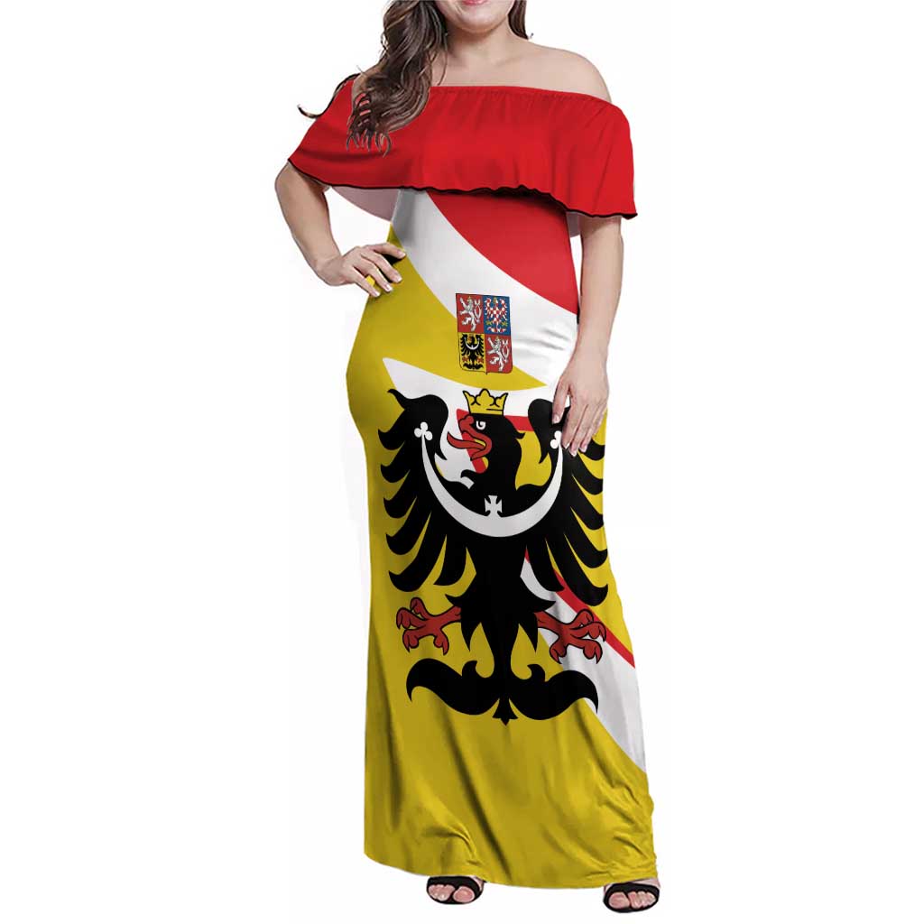 Personalized Coat of Arms of Silesia Family Matching Off Shoulder Maxi Dress and Hawaiian Shirt Black Eagle with Silver Crescent