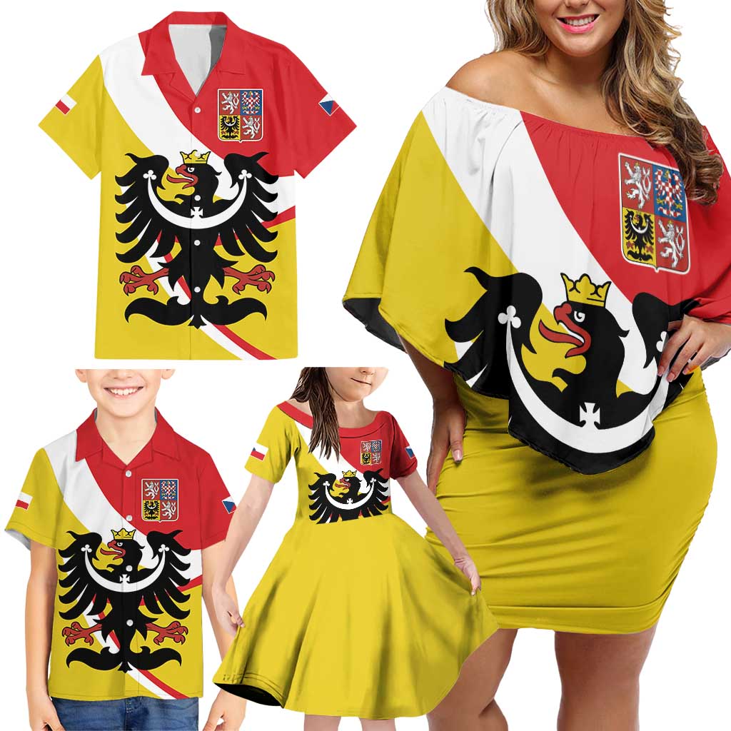 Personalized Coat of Arms of Silesia Family Matching Off Shoulder Short Dress and Hawaiian Shirt Black Eagle with Silver Crescent