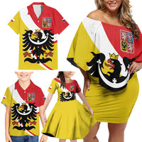 Personalized Coat of Arms of Silesia Family Matching Off Shoulder Short Dress and Hawaiian Shirt Black Eagle with Silver Crescent