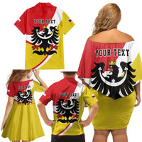 Personalized Coat of Arms of Silesia Family Matching Off Shoulder Short Dress and Hawaiian Shirt Black Eagle with Silver Crescent