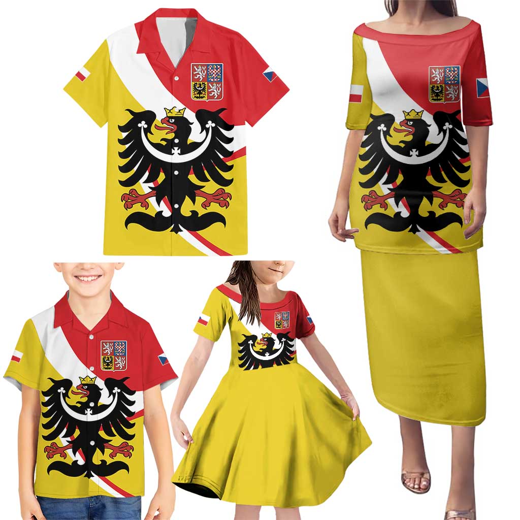 Personalized Coat of Arms of Silesia Family Matching Puletasi and Hawaiian Shirt Black Eagle with Silver Crescent