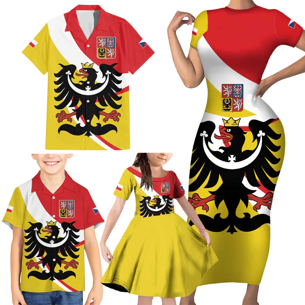 Personalized Coat of Arms of Silesia Family Matching Short Sleeve Bodycon Dress and Hawaiian Shirt Black Eagle with Silver Crescent