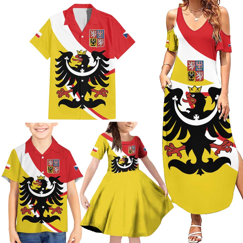 Personalized Coat of Arms of Silesia Family Matching Summer Maxi Dress and Hawaiian Shirt Black Eagle with Silver Crescent