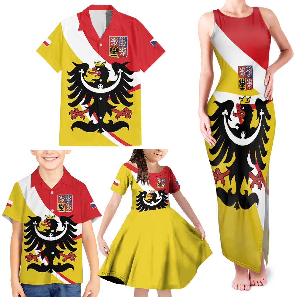 Personalized Coat of Arms of Silesia Family Matching Tank Maxi Dress and Hawaiian Shirt Black Eagle with Silver Crescent