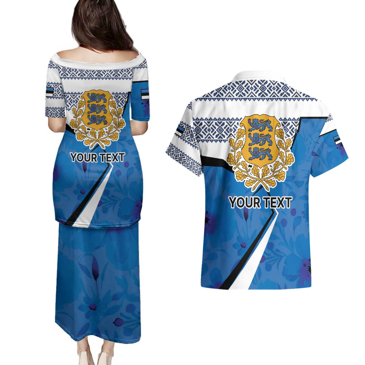 Estonia Coat of arms Personalized Couples Matching Puletasi and Hawaiian Shirt Eesti riigivapp