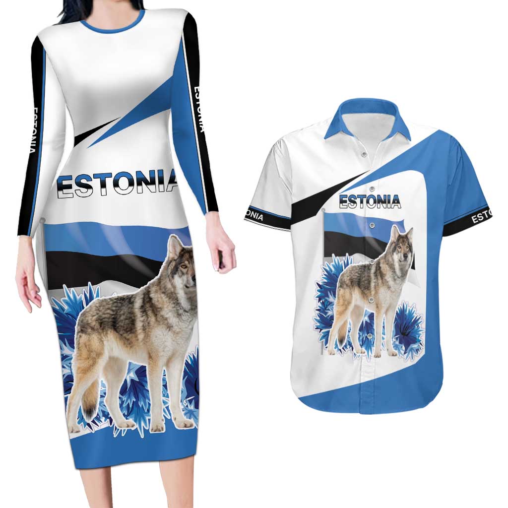 Estonia Grey Wolf and Cornflower Couples Matching Long Sleeve Bodycon Dress and Hawaiian Shirt Estonia Flag