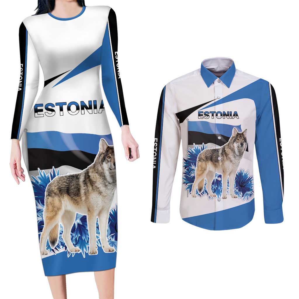 Estonia Grey Wolf and Cornflower Couples Matching Long Sleeve Bodycon Dress and Long Sleeve Button Shirt Estonia Flag