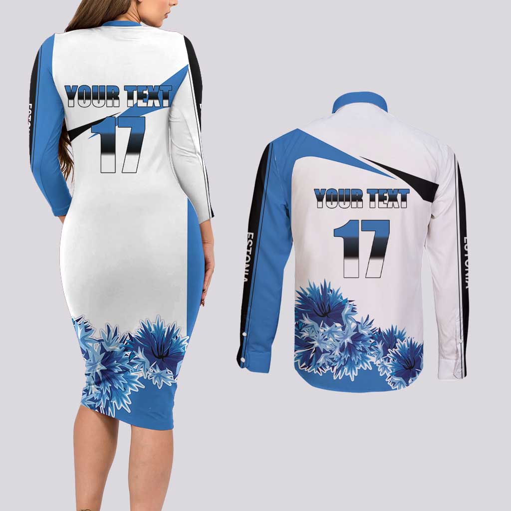 Estonia Grey Wolf and Cornflower Couples Matching Long Sleeve Bodycon Dress and Long Sleeve Button Shirt Estonia Flag