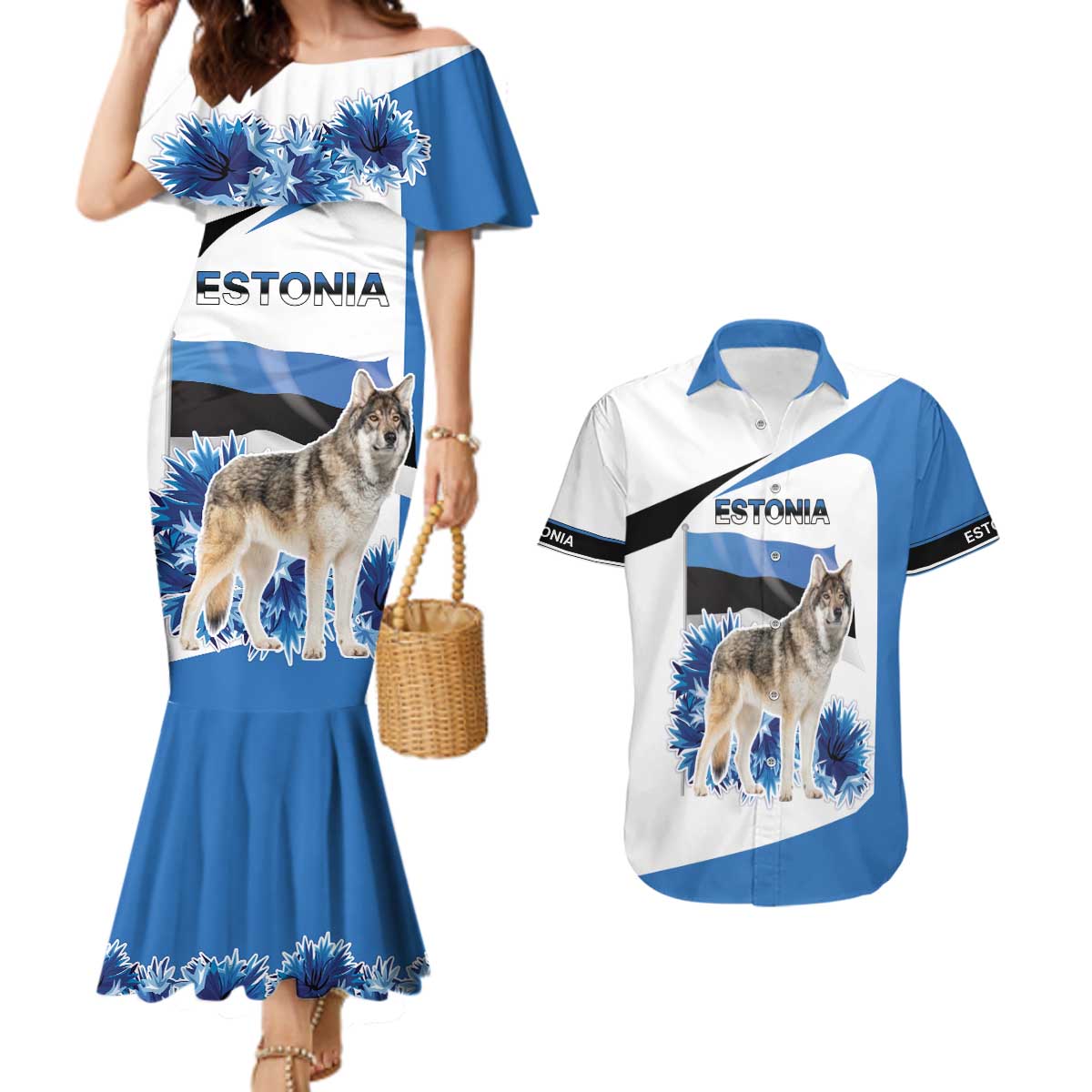 Estonia Grey Wolf and Cornflower Couples Matching Mermaid Dress and Hawaiian Shirt Estonia Flag