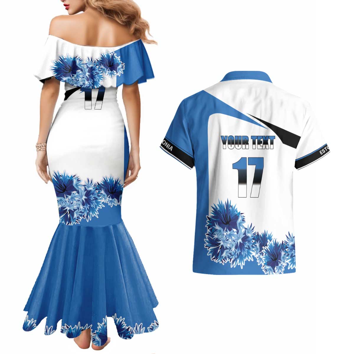 Estonia Grey Wolf and Cornflower Couples Matching Mermaid Dress and Hawaiian Shirt Estonia Flag