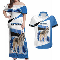 Estonia Grey Wolf and Cornflower Couples Matching Off Shoulder Maxi Dress and Hawaiian Shirt Estonia Flag