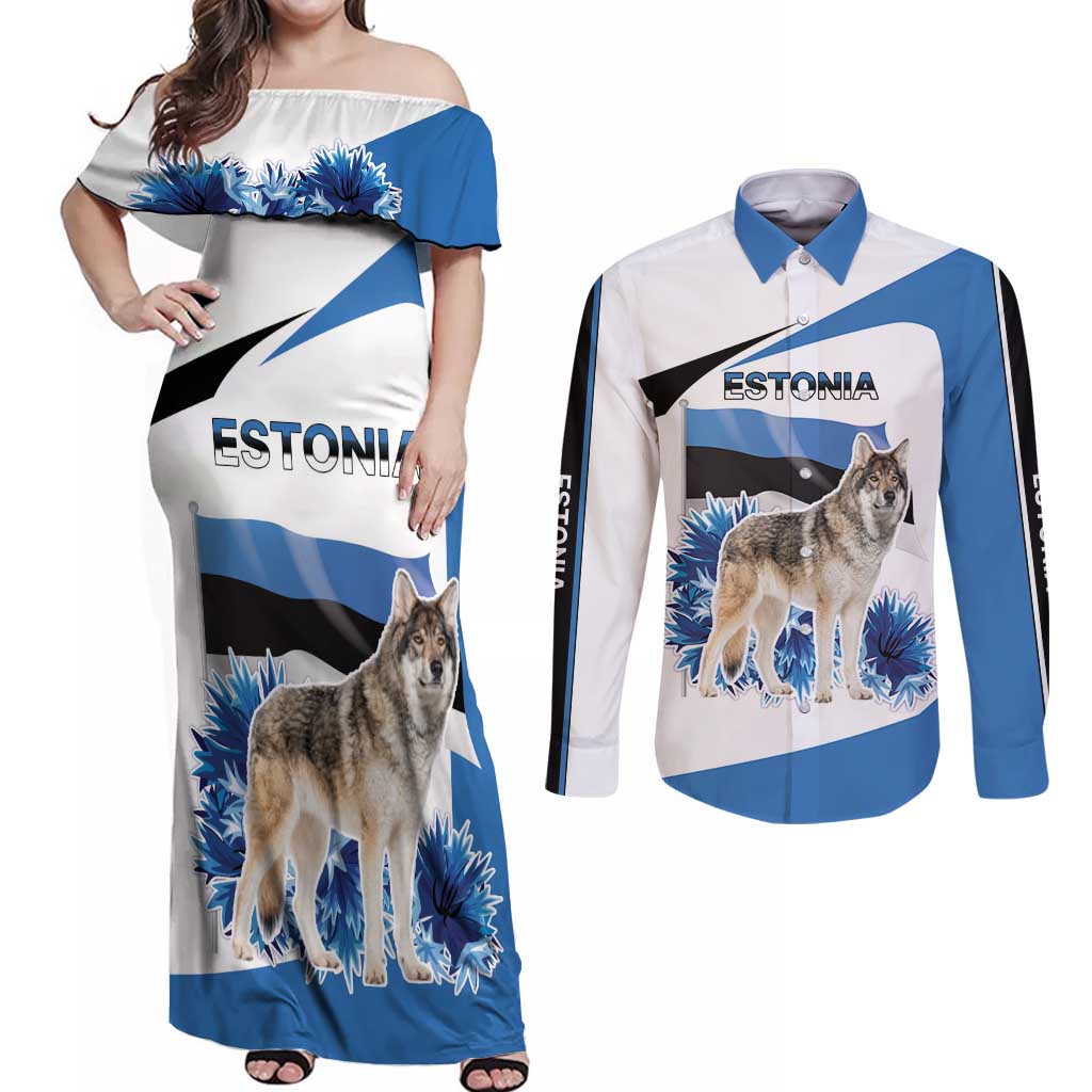 Estonia Grey Wolf and Cornflower Couples Matching Off Shoulder Maxi Dress and Long Sleeve Button Shirt Estonia Flag