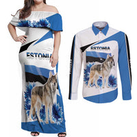 Estonia Grey Wolf and Cornflower Couples Matching Off Shoulder Maxi Dress and Long Sleeve Button Shirt Estonia Flag