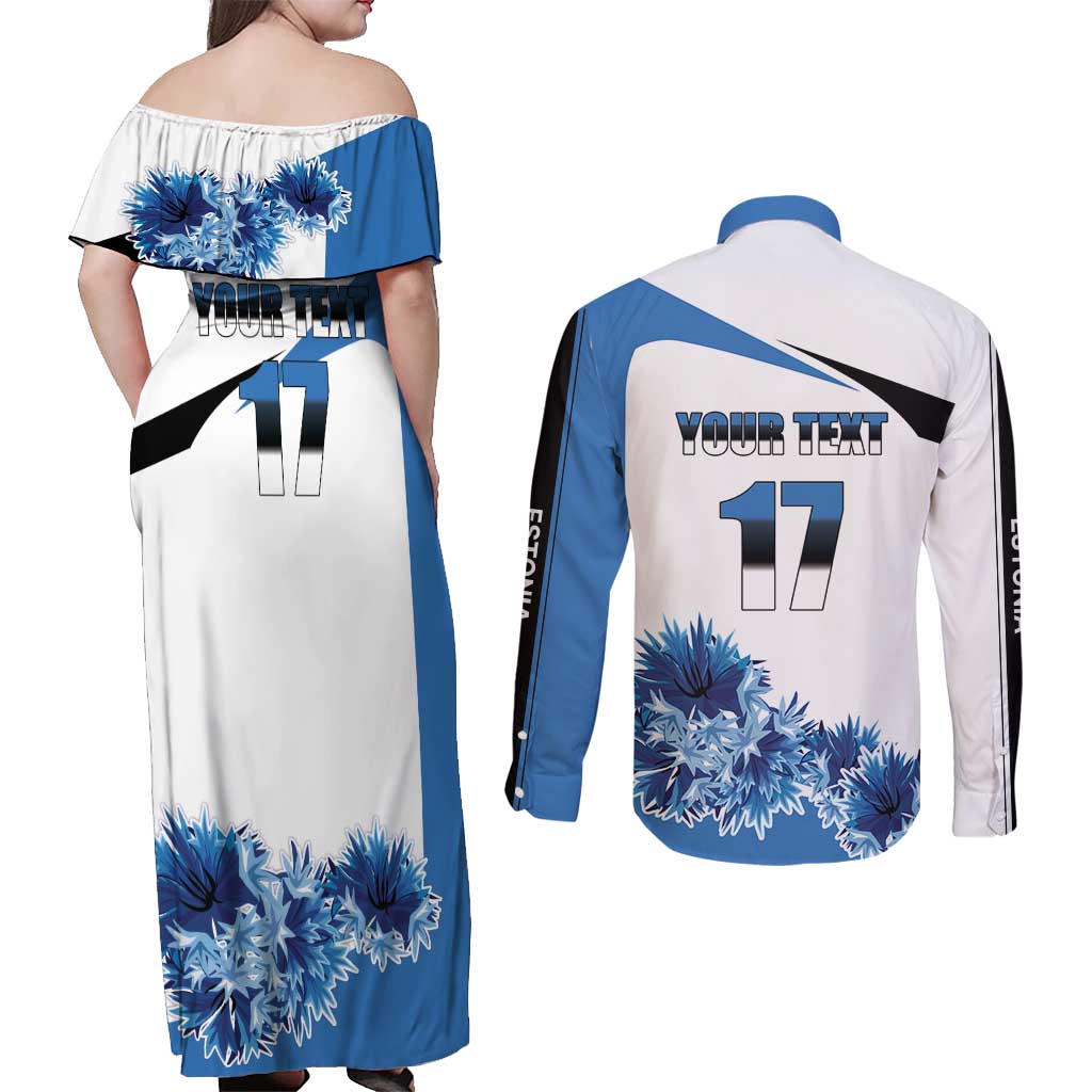 Estonia Grey Wolf and Cornflower Couples Matching Off Shoulder Maxi Dress and Long Sleeve Button Shirt Estonia Flag