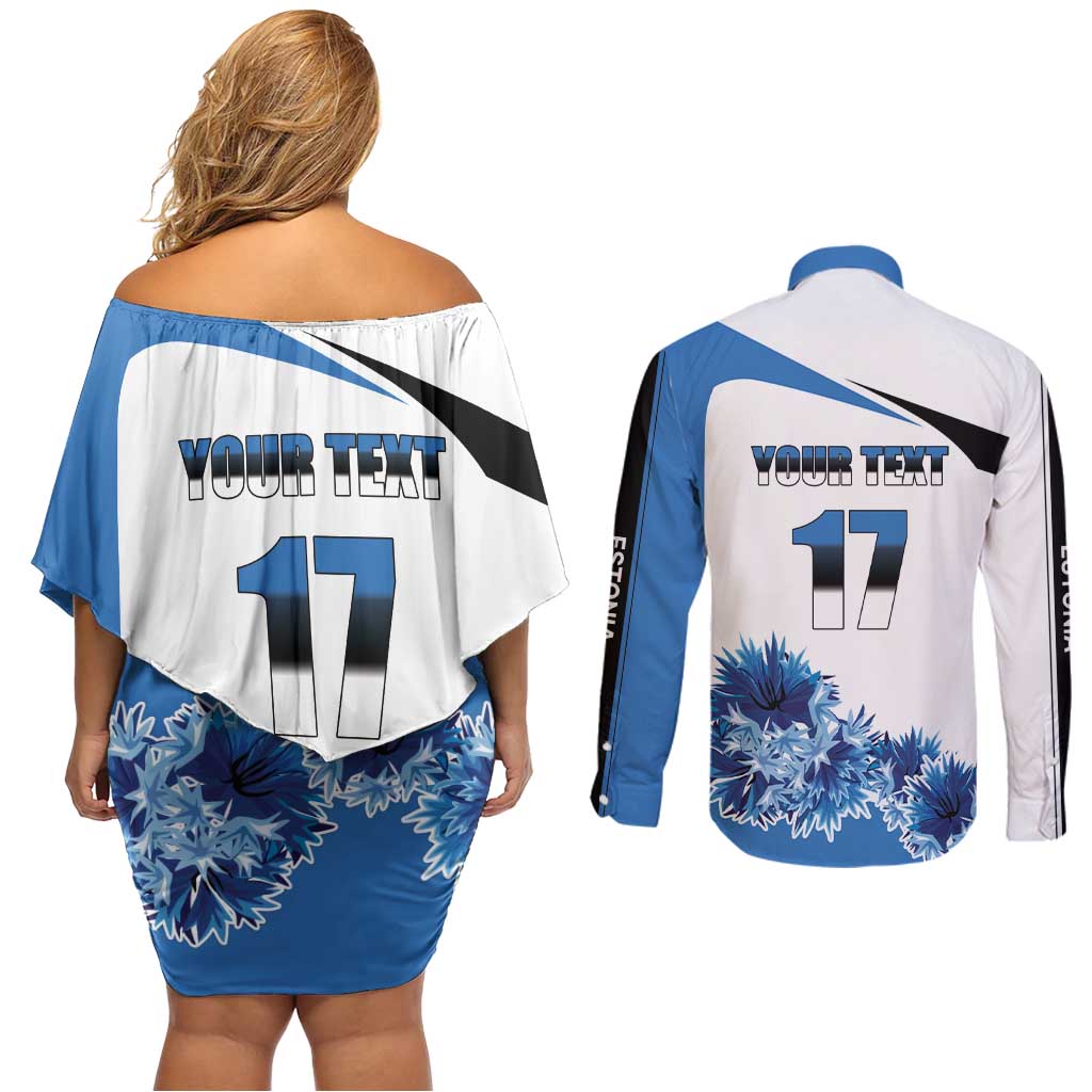 Estonia Grey Wolf and Cornflower Couples Matching Off Shoulder Short Dress and Long Sleeve Button Shirt Estonia Flag