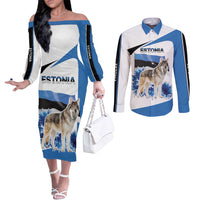 Estonia Grey Wolf and Cornflower Couples Matching Off The Shoulder Long Sleeve Dress and Long Sleeve Button Shirt Estonia Flag