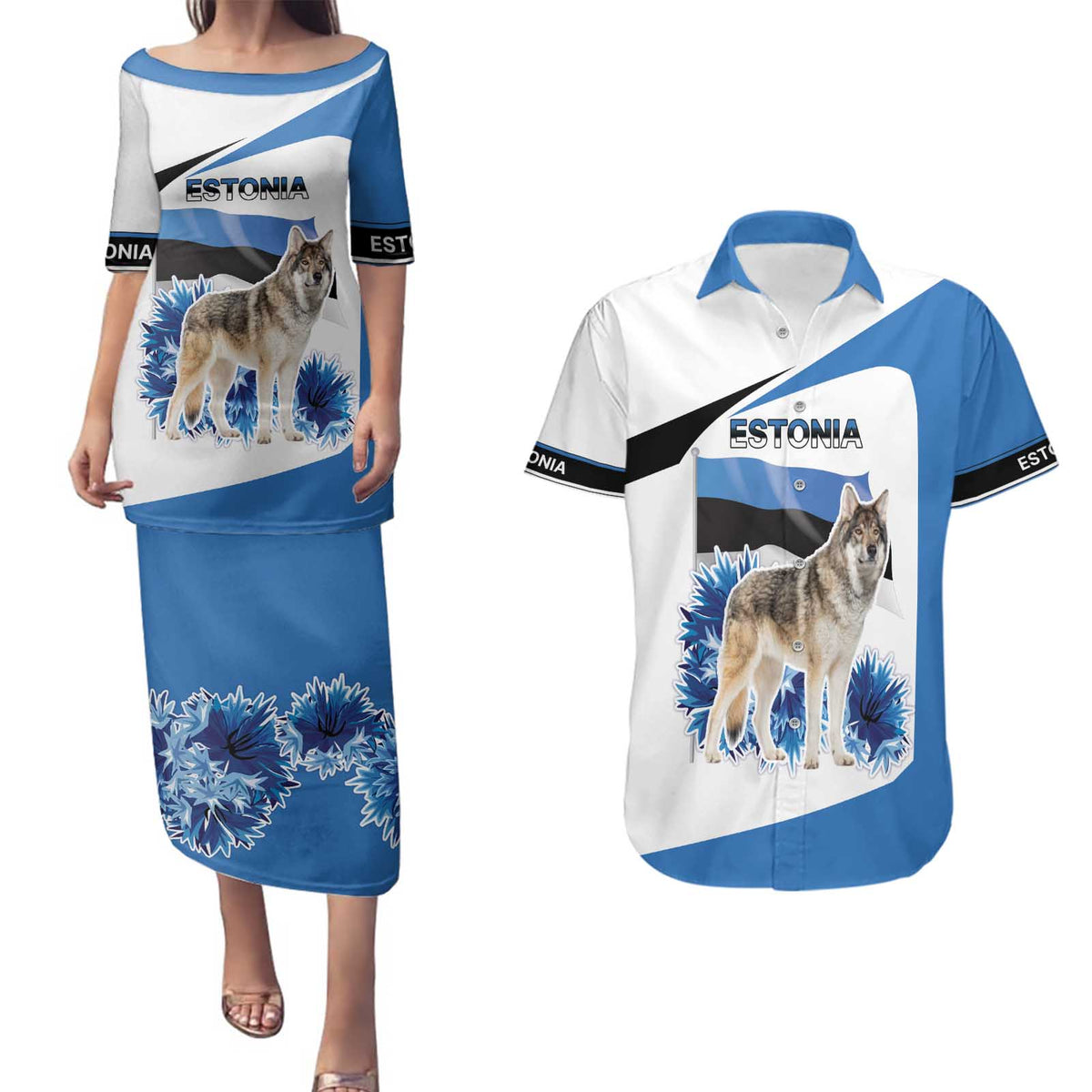 Estonia Grey Wolf and Cornflower Couples Matching Puletasi and Hawaiian Shirt Estonia Flag