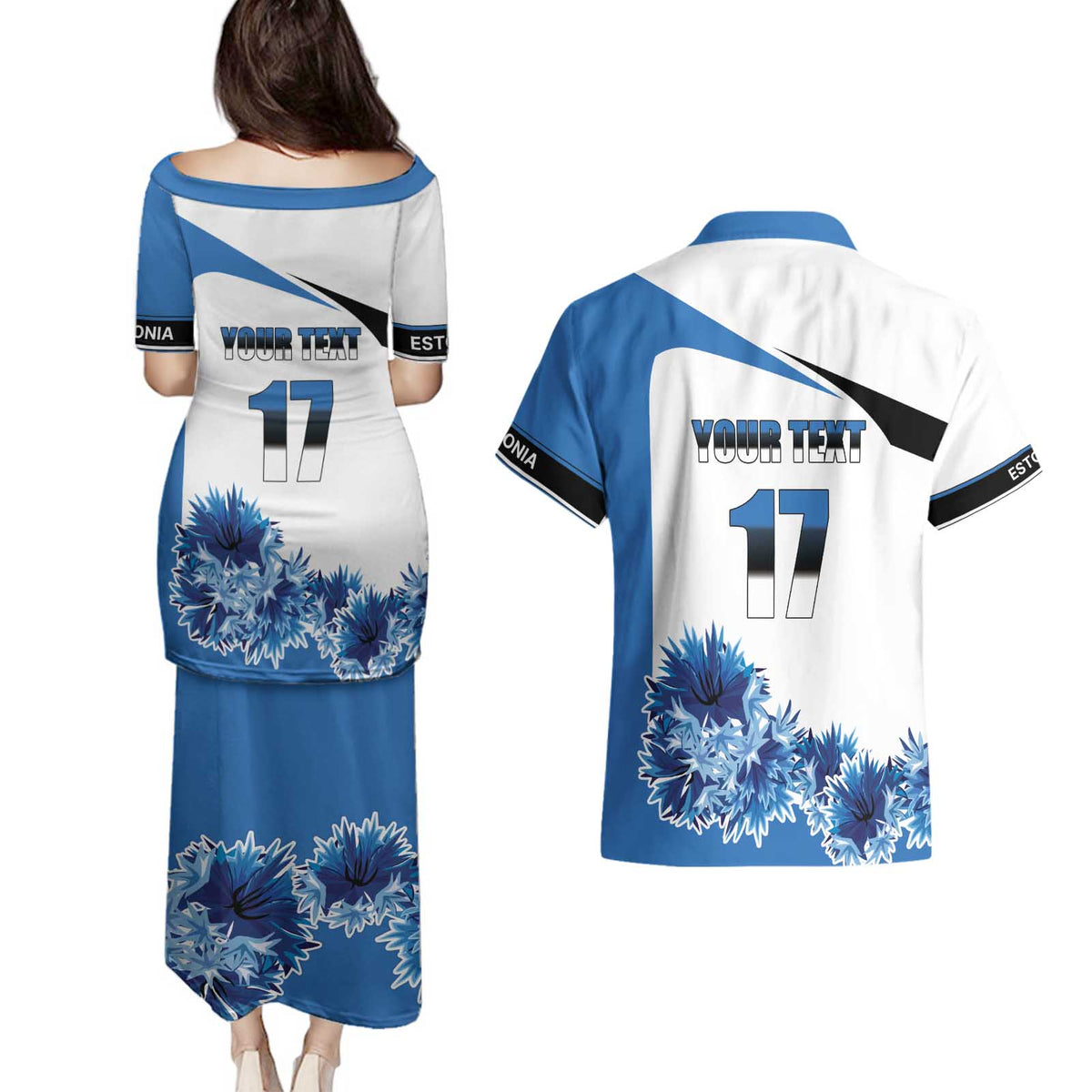 Estonia Grey Wolf and Cornflower Couples Matching Puletasi and Hawaiian Shirt Estonia Flag