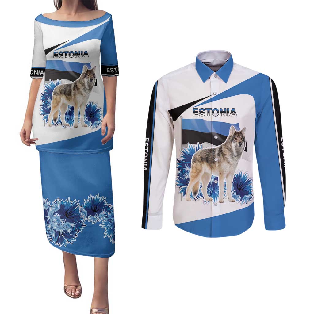 Estonia Grey Wolf and Cornflower Couples Matching Puletasi and Long Sleeve Button Shirt Estonia Flag