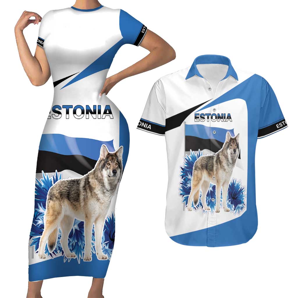 Estonia Grey Wolf and Cornflower Couples Matching Short Sleeve Bodycon Dress and Hawaiian Shirt Estonia Flag