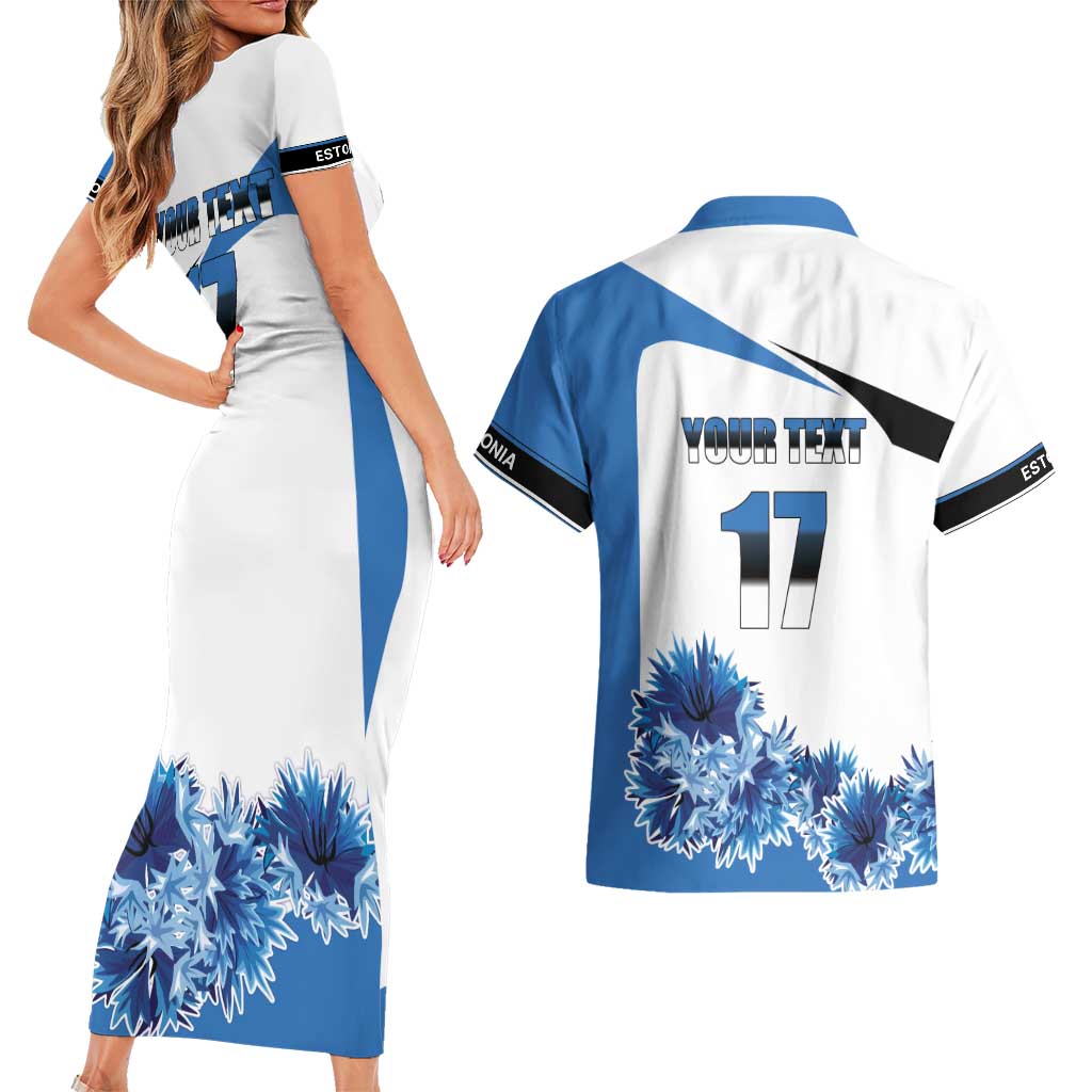 Estonia Grey Wolf and Cornflower Couples Matching Short Sleeve Bodycon Dress and Hawaiian Shirt Estonia Flag