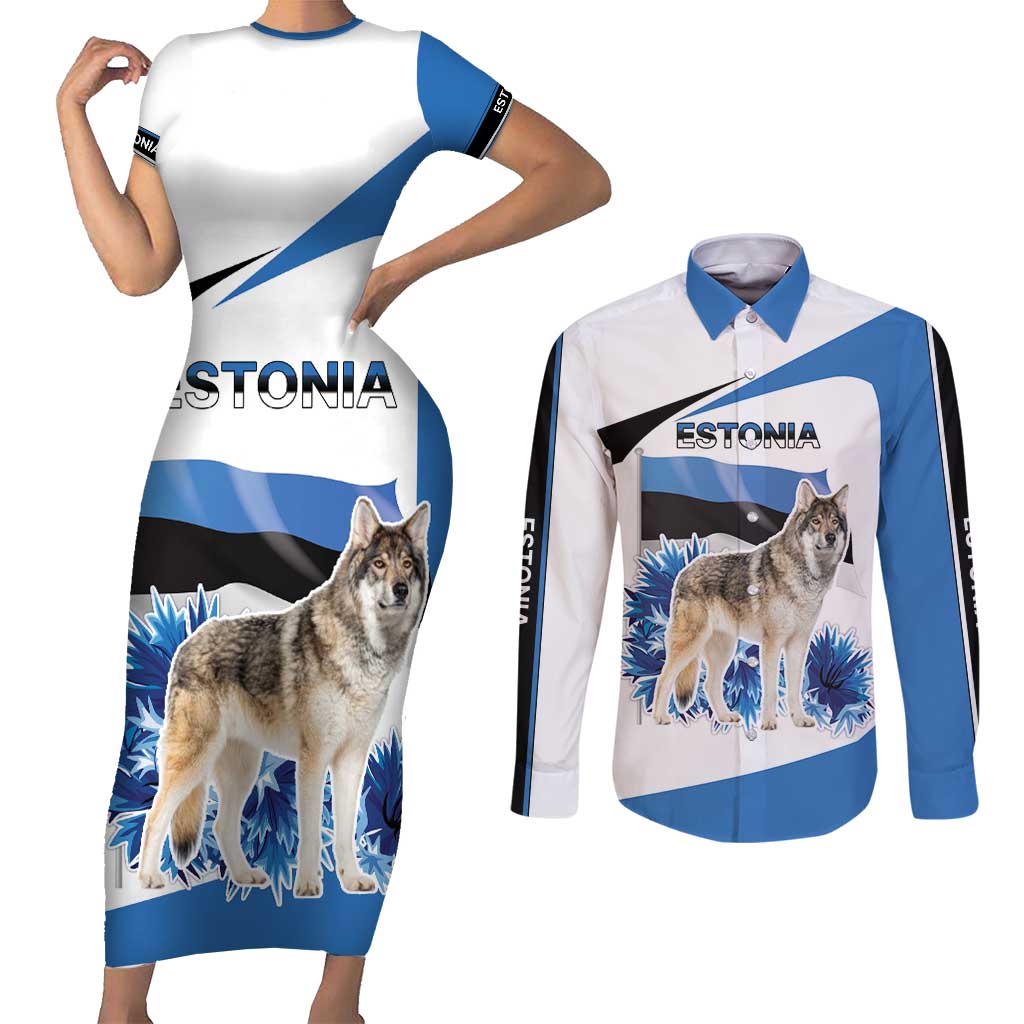 Estonia Grey Wolf and Cornflower Couples Matching Short Sleeve Bodycon Dress and Long Sleeve Button Shirt Estonia Flag