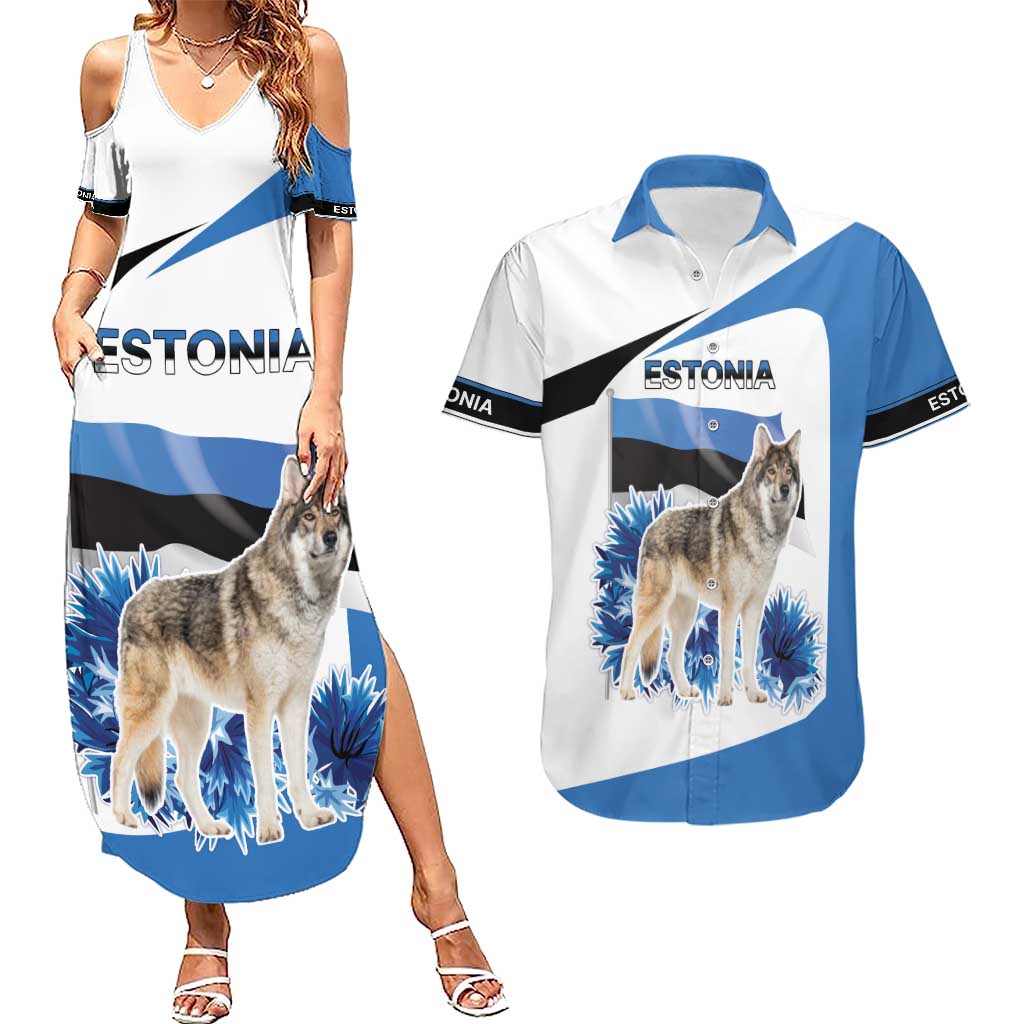 Estonia Grey Wolf and Cornflower Couples Matching Summer Maxi Dress and Hawaiian Shirt Estonia Flag