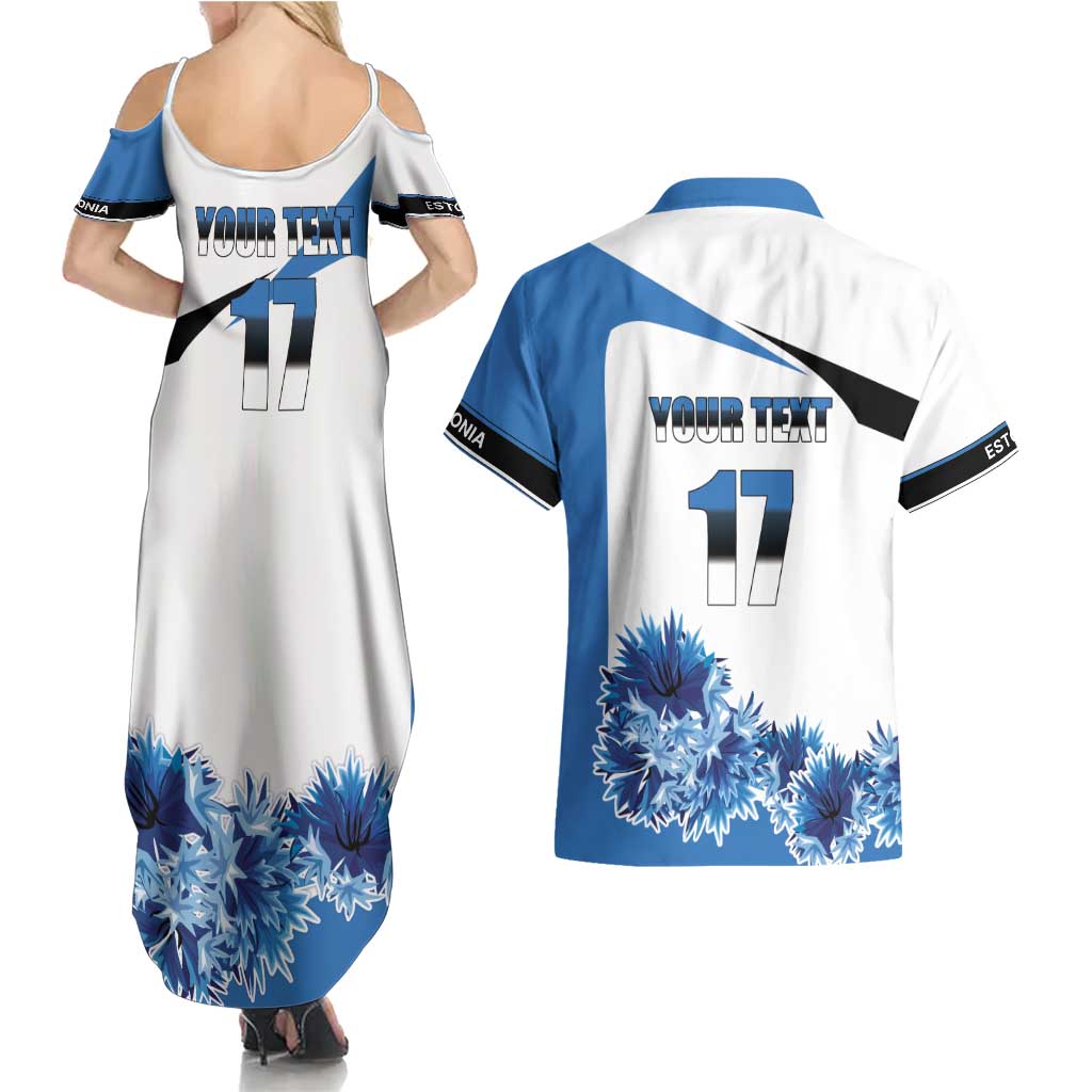 Estonia Grey Wolf and Cornflower Couples Matching Summer Maxi Dress and Hawaiian Shirt Estonia Flag