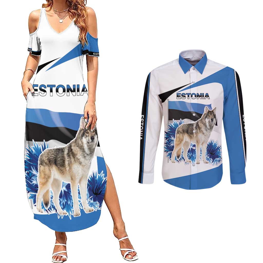 Estonia Grey Wolf and Cornflower Couples Matching Summer Maxi Dress and Long Sleeve Button Shirt Estonia Flag