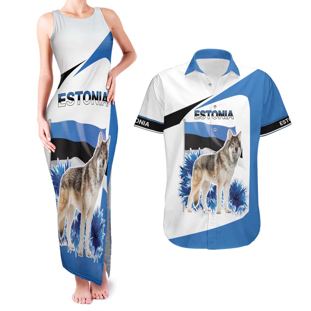 Estonia Grey Wolf and Cornflower Couples Matching Tank Maxi Dress and Hawaiian Shirt Estonia Flag