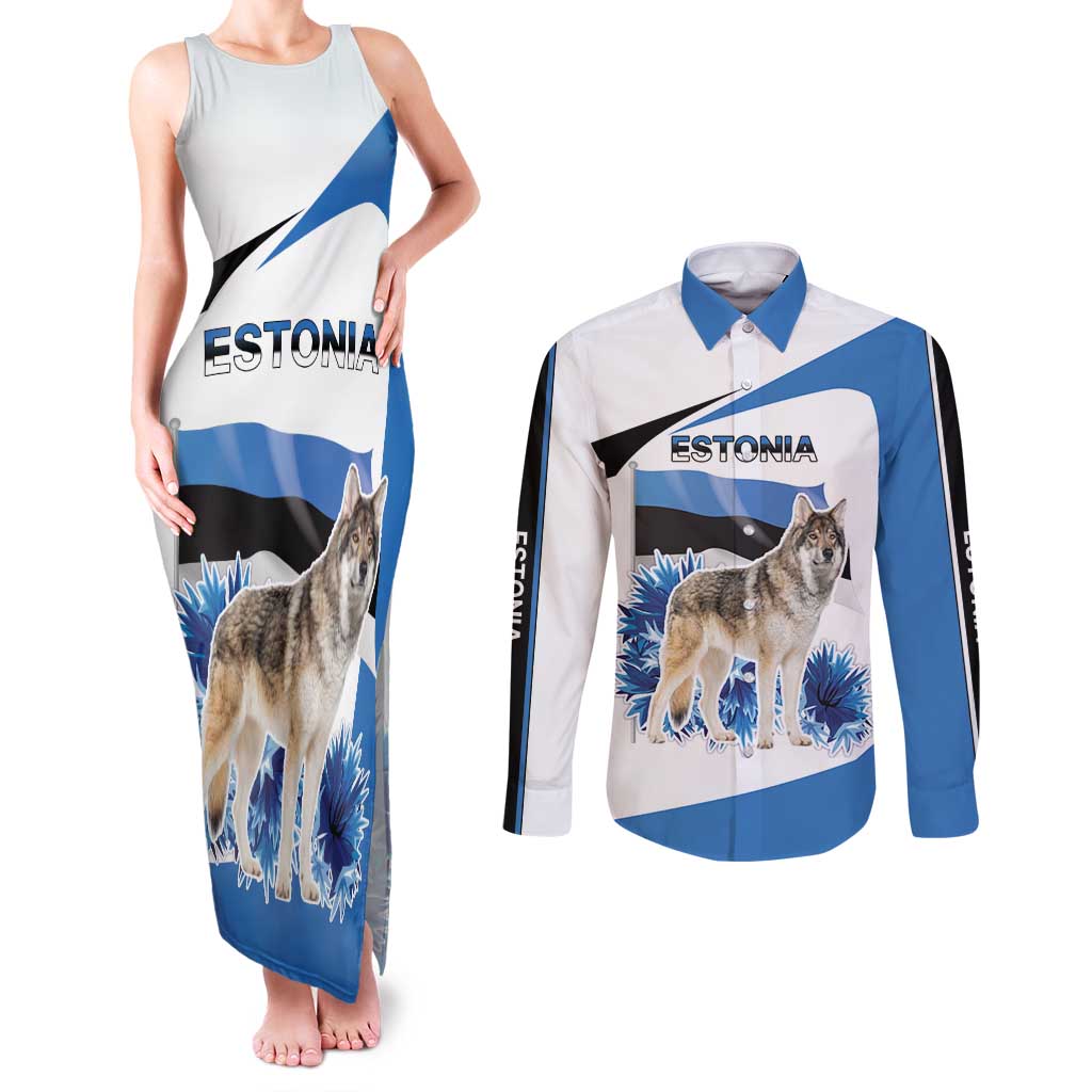 Estonia Grey Wolf and Cornflower Couples Matching Tank Maxi Dress and Long Sleeve Button Shirt Estonia Flag
