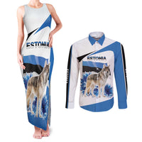 Estonia Grey Wolf and Cornflower Couples Matching Tank Maxi Dress and Long Sleeve Button Shirt Estonia Flag