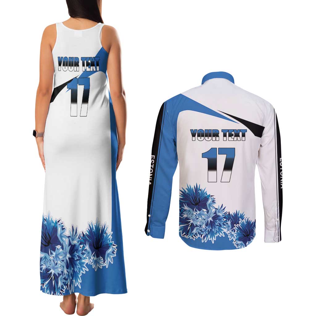 Estonia Grey Wolf and Cornflower Couples Matching Tank Maxi Dress and Long Sleeve Button Shirt Estonia Flag