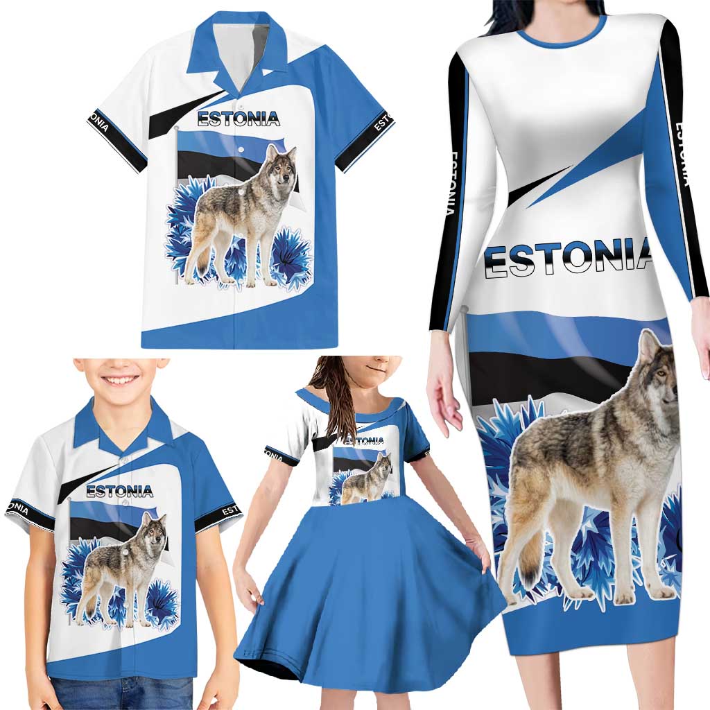 Estonia Grey Wolf and Cornflower Family Matching Long Sleeve Bodycon Dress and Hawaiian Shirt Estonia Flag