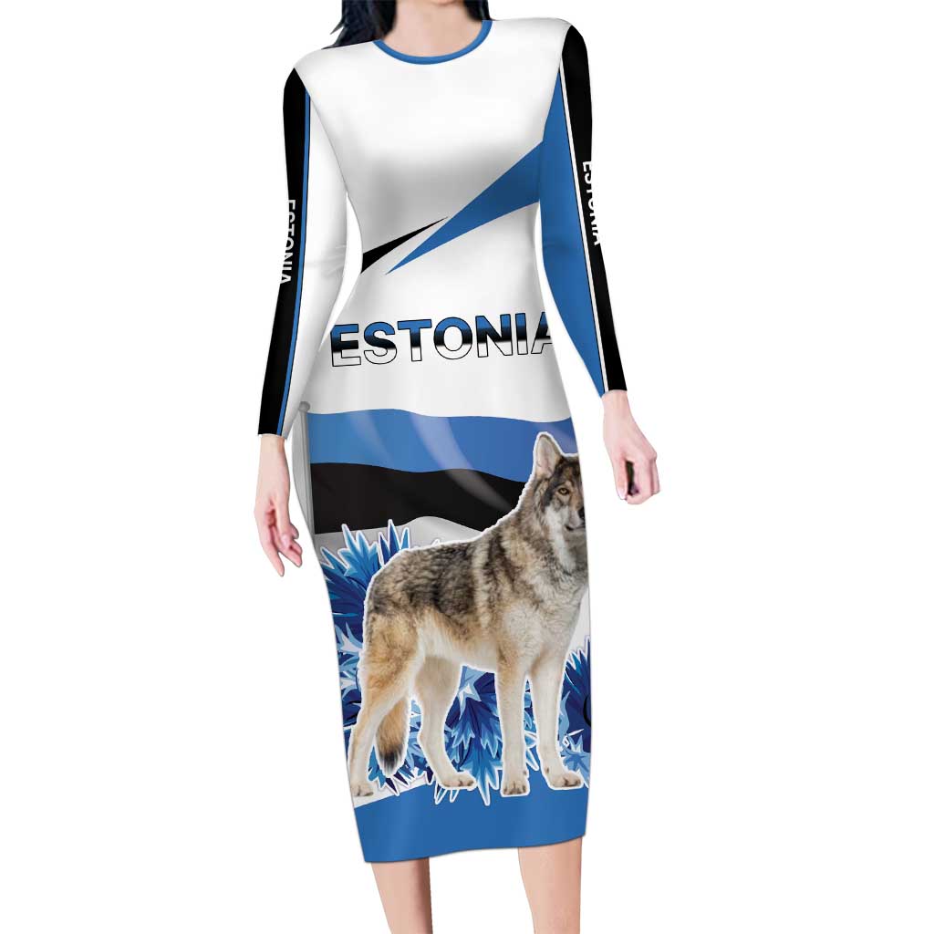 Estonia Grey Wolf and Cornflower Family Matching Long Sleeve Bodycon Dress and Hawaiian Shirt Estonia Flag