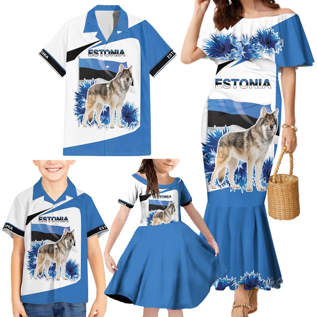 Estonia Grey Wolf and Cornflower Family Matching Mermaid Dress and Hawaiian Shirt Estonia Flag