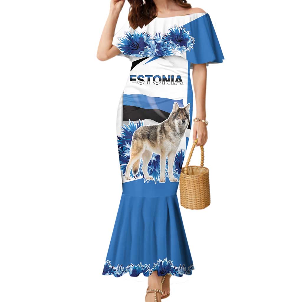 Estonia Grey Wolf and Cornflower Family Matching Mermaid Dress and Hawaiian Shirt Estonia Flag