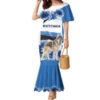 Estonia Grey Wolf and Cornflower Family Matching Mermaid Dress and Hawaiian Shirt Estonia Flag