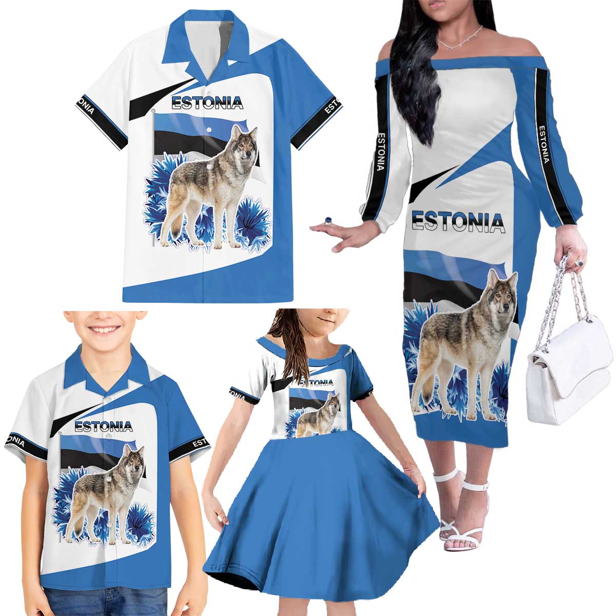 Estonia Grey Wolf and Cornflower Family Matching Off The Shoulder Long Sleeve Dress and Hawaiian Shirt Estonia Flag