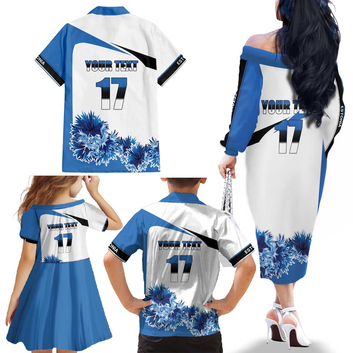 Estonia Grey Wolf and Cornflower Family Matching Off The Shoulder Long Sleeve Dress and Hawaiian Shirt Estonia Flag