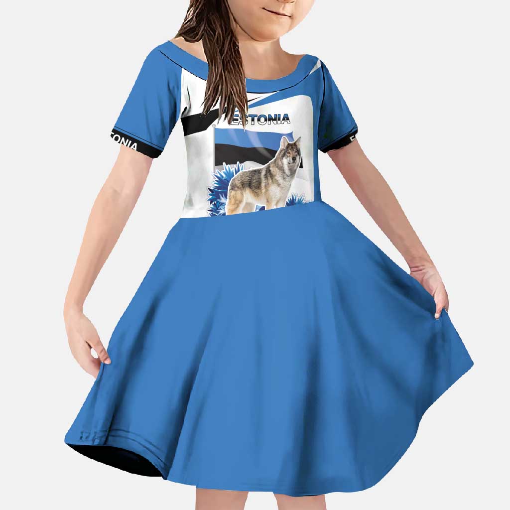 Estonia Grey Wolf and Cornflower Family Matching Off Shoulder Maxi Dress and Hawaiian Shirt Estonia Flag