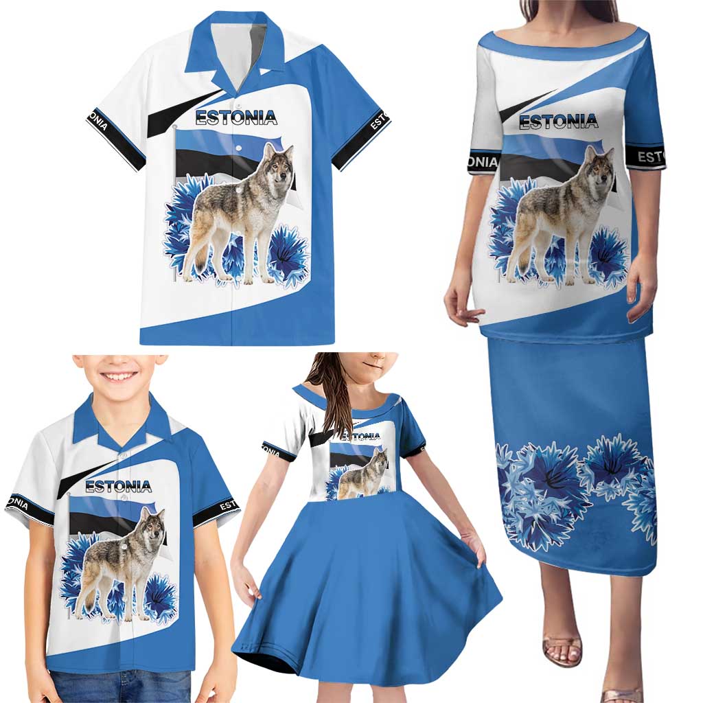 Estonia Grey Wolf and Cornflower Family Matching Puletasi and Hawaiian Shirt Estonia Flag